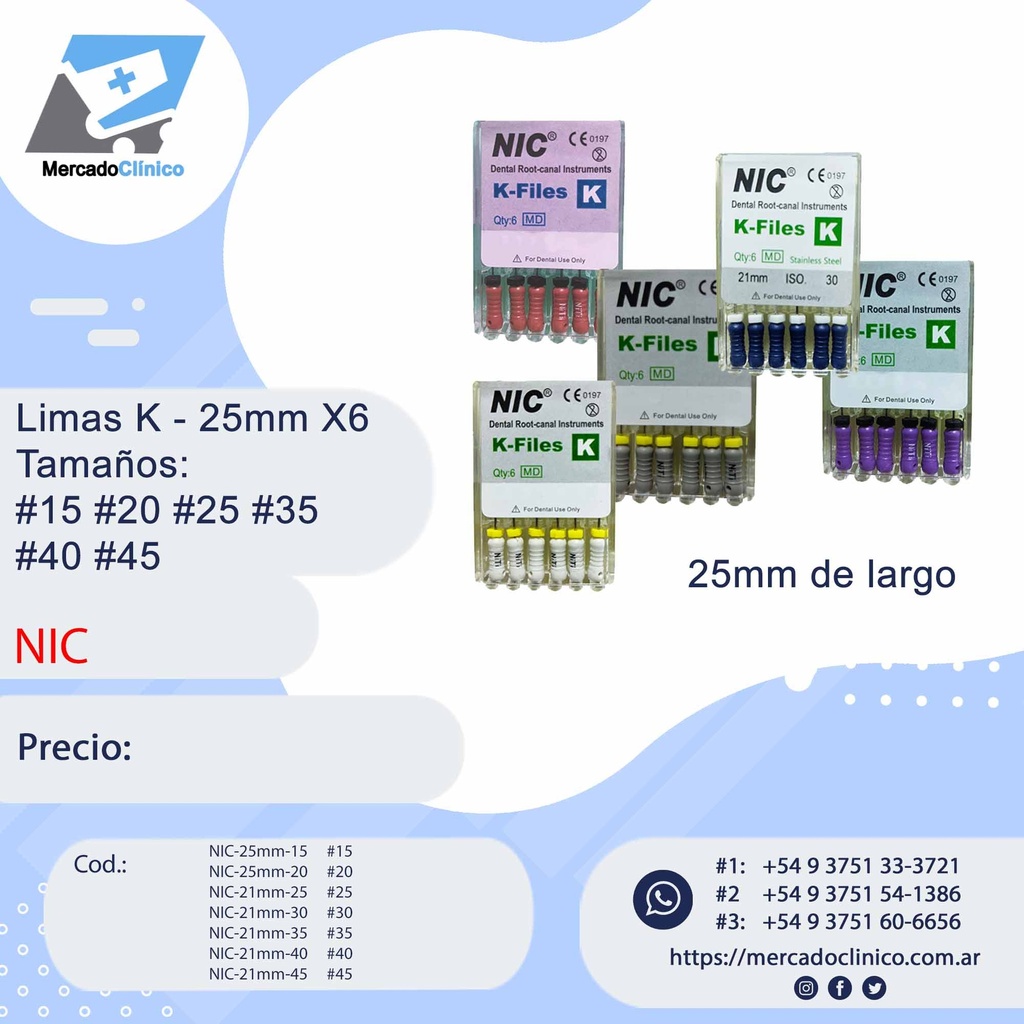 Limas K - 21mm X6 - Tamaños: #06 #08 #10 #15 #20 #25 #35 #40 #45- NIC