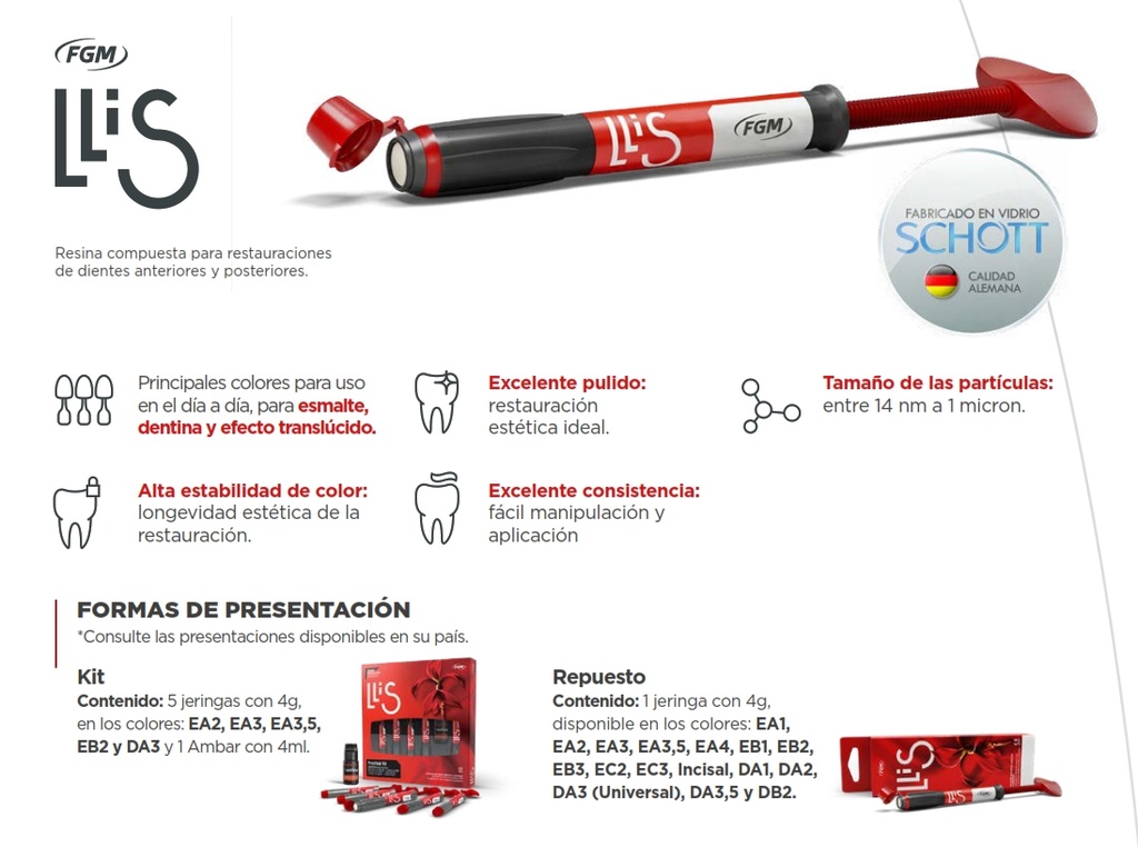 Composite Llis Nanohibrida jeringa de 4g  (Incisal viene en 3g) - FGM