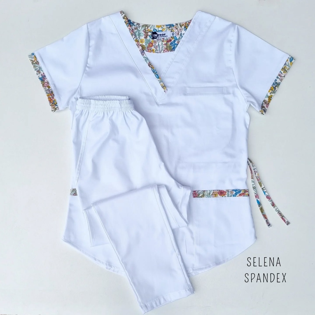 Ambo Selena Expandex Blanco con detalles  en  estampado - Pantalon y Chaquetilla  Femenino - Inprof