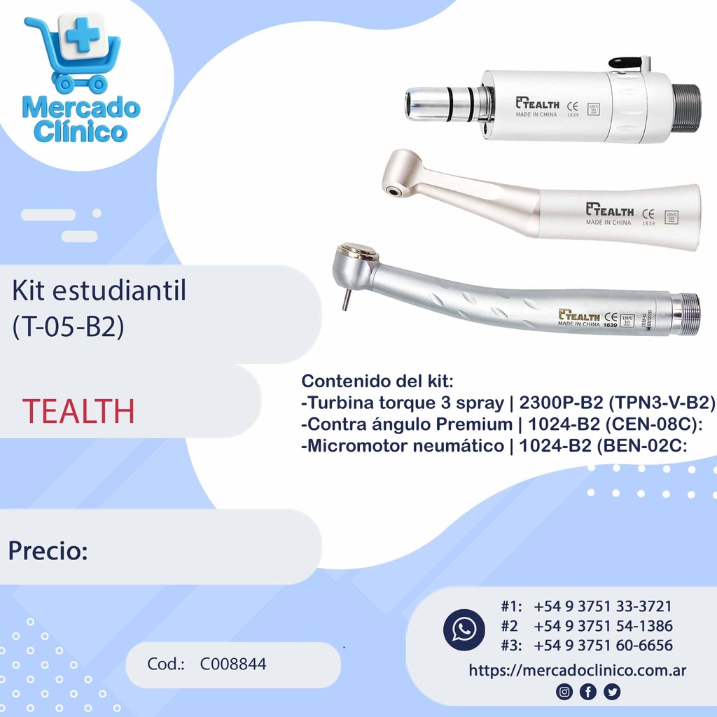

Kit Estudiantes (T-05-B2) - Turbina Push 3 spray + Contra ángulo Push + Micromotor Neumático. TEALTH