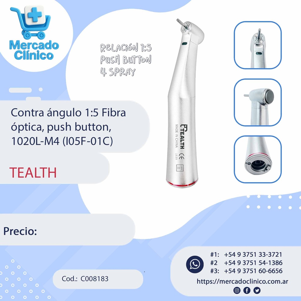 Contra ángulo 1:5 Fibra óptica, push button, 1020L-M4 (I05F-01C) - Tealth 