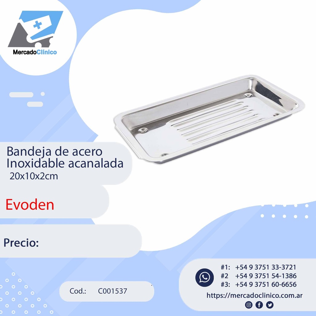 Bandeja de acero inoxidable, acanalada - 20x10x2cm - EVODEN