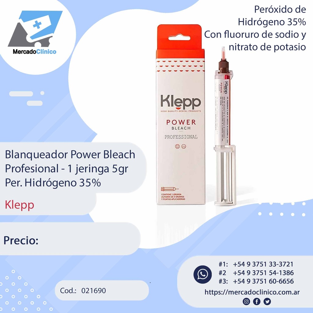 Blanqueador Power Bleach Profesional - 1 jeringa 5gr con Per. Hidrógeno 35% - Klepp