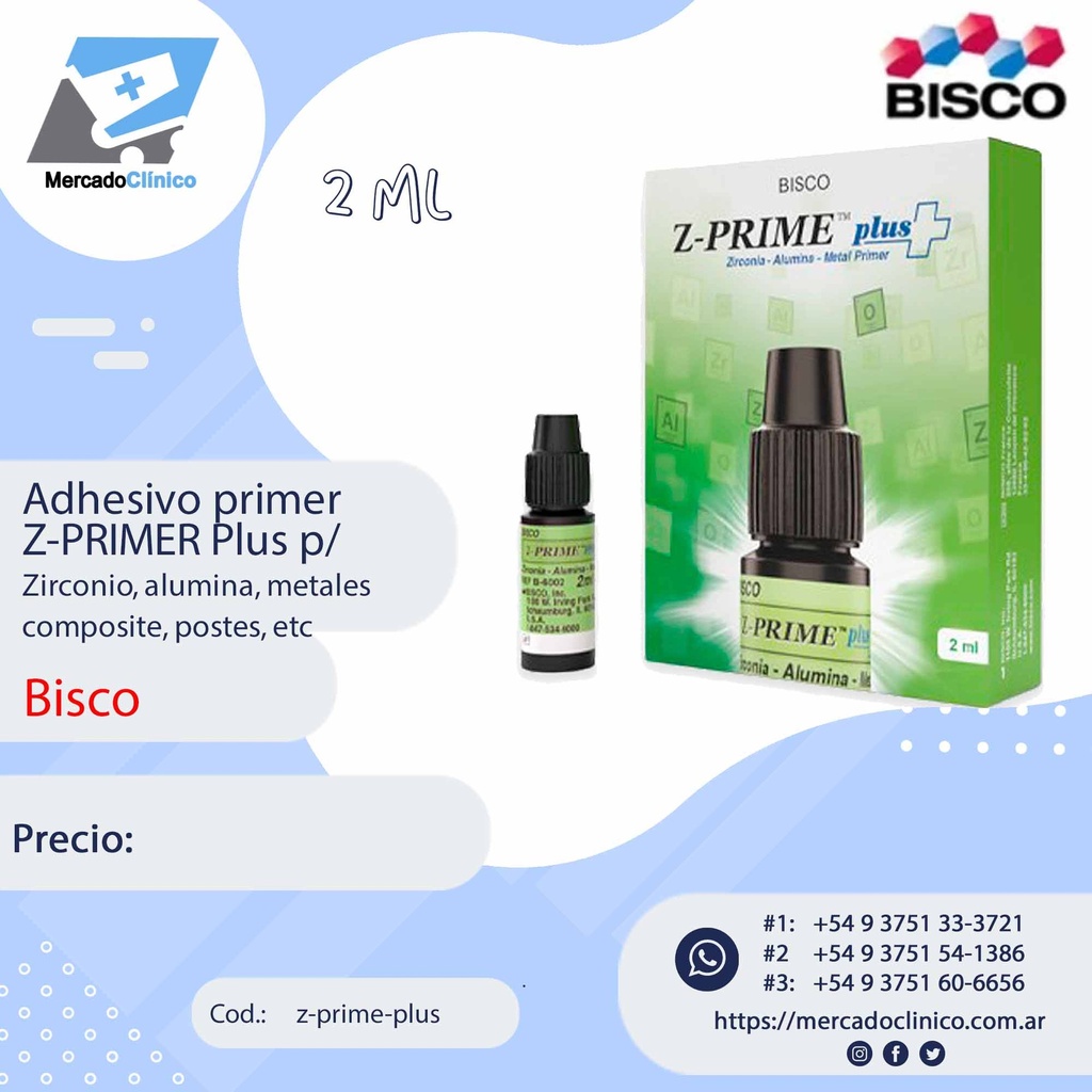 Adhesivo primer Z-PRIMER Plus p/ Zirconio, alumina, metales composite, postes, etc. - BISCO
