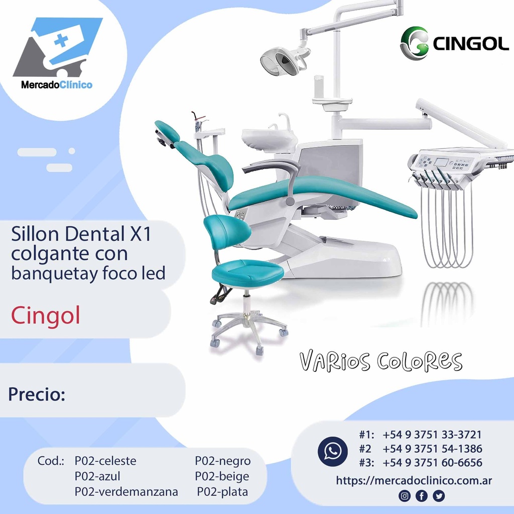 Equipo sillón odontológico X1 Colgante, con Banqueta y foco LED - CINGOL