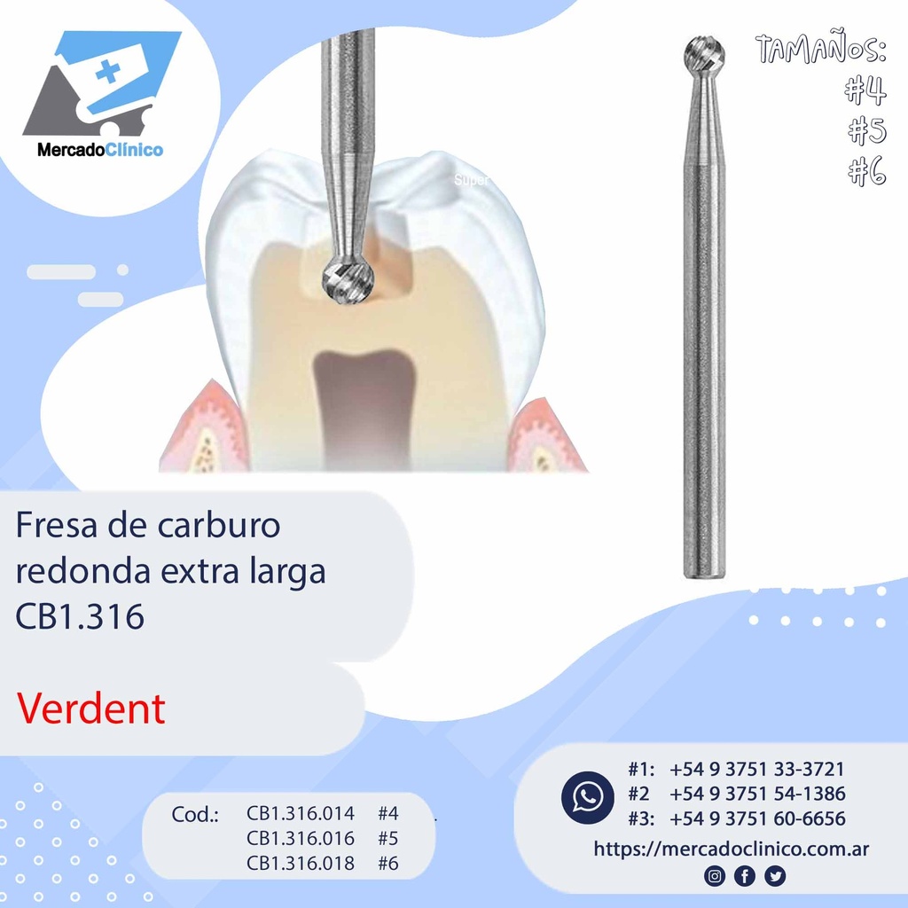 Fresa de carburo redonda extra larga CB1.316 - VERDENT