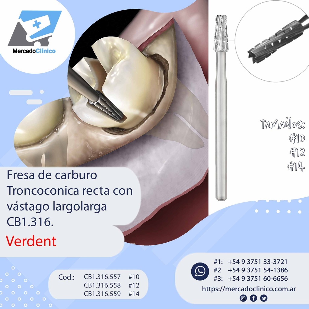 Fresa de carburo Troncocónica recta con 
vástago largo CB1.316. - VERDENT
