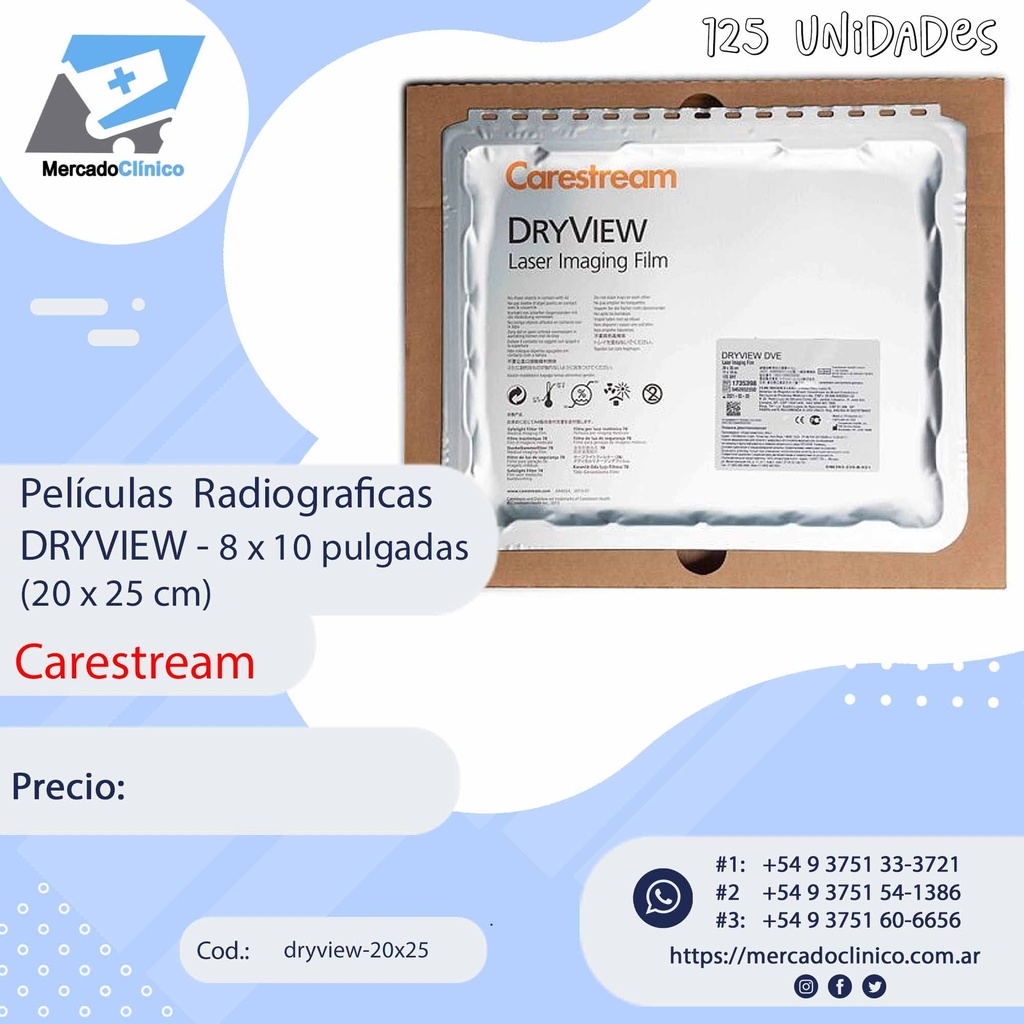 Películas  Radiográficas DRYVIEW - 8 x 10 pulgadas (20 x 25 cm)  . Carestream