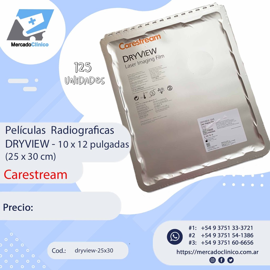 Películas  Radiográficas DRYVIEW - 10 x 12 pulgadas (25 x 30 cm) - Carestream