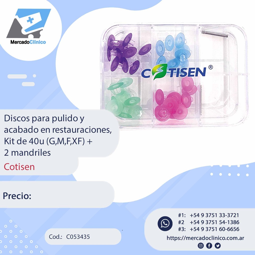 Discos para pulido y acabado en restauraciones,  
Kit de 40u (G,M,F,XF) + 2 mandriles - Cotisen