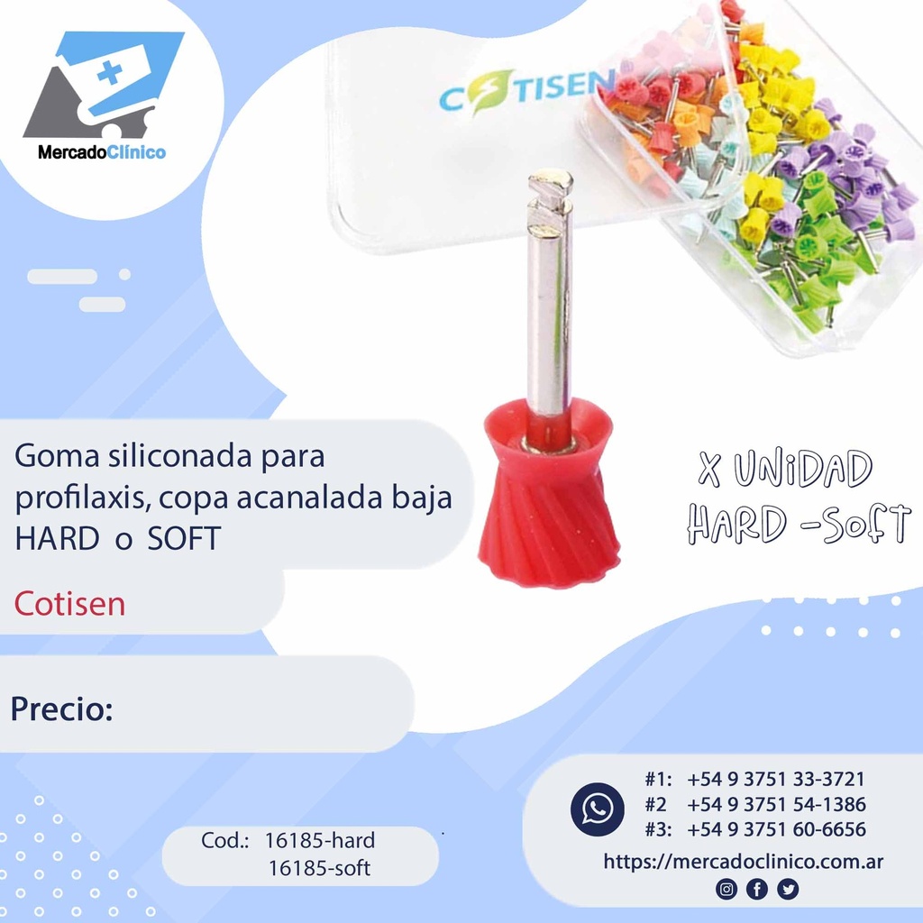 Goma siliconada para profilaxis, copa canalada baja HARD  o  SOFT - Cotisen