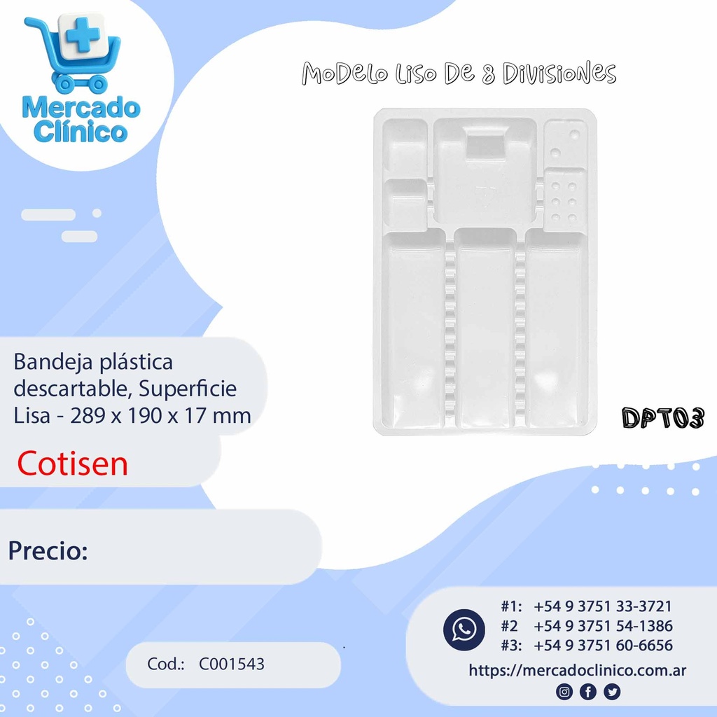 Bandeja plástica descartable DPT03 , Superficie Lisa - 289 x 190 x 17 mm - Cotisen