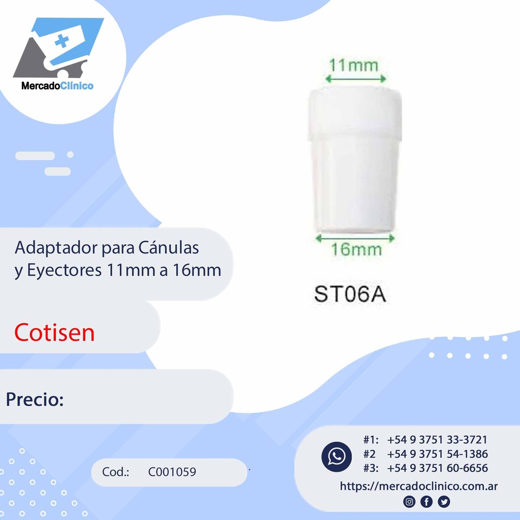 Adaptador para Cánulas y Eyectores 11mm a 16mm - Cotisen