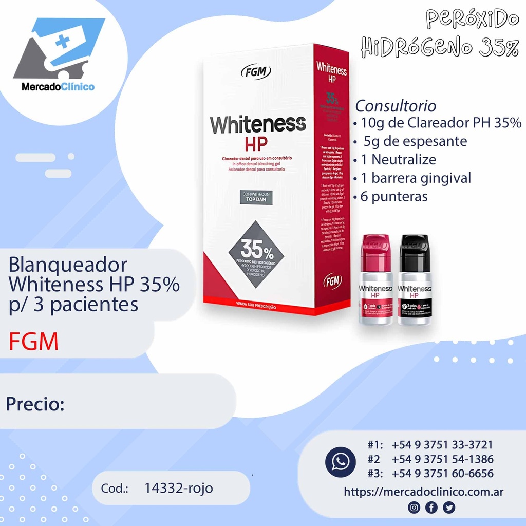 Blanqueador Whiteness HP 35% p/ 3 pacientes - Consultorio - FGM