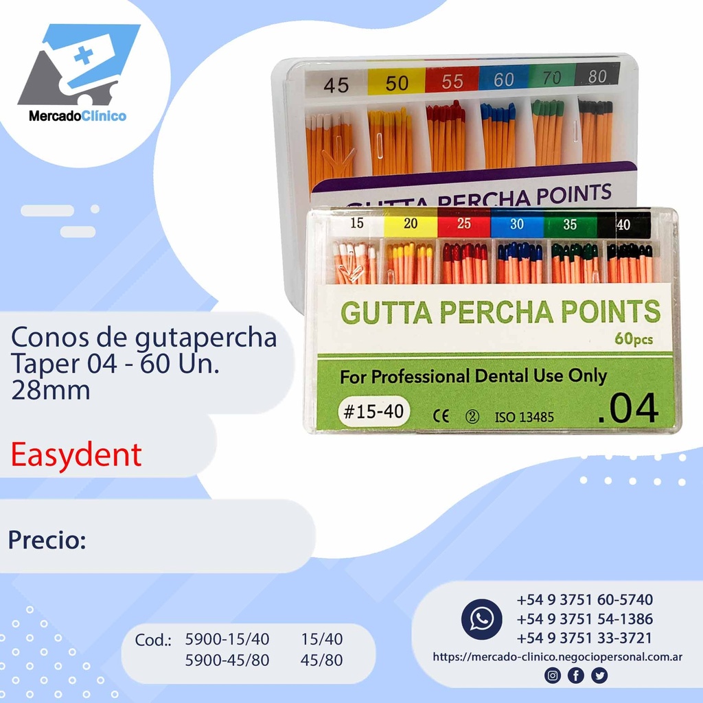 Conos de gutapercha Taper04  - 60 Un. 28mm - Easydent