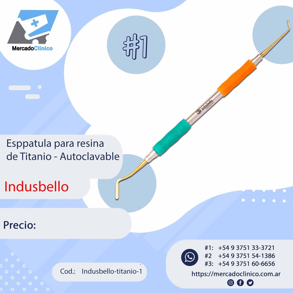 Espátula Composite Titanio #1 - Mango Anatómico siliconado - Indusbello