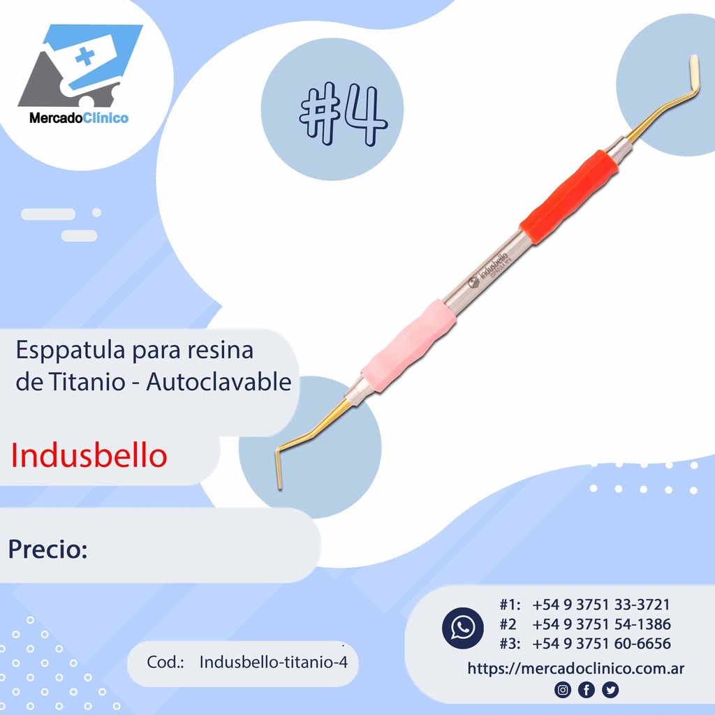 Espátula Composite Titanio #4 - Mango Anatómico siliconado - Indusbello