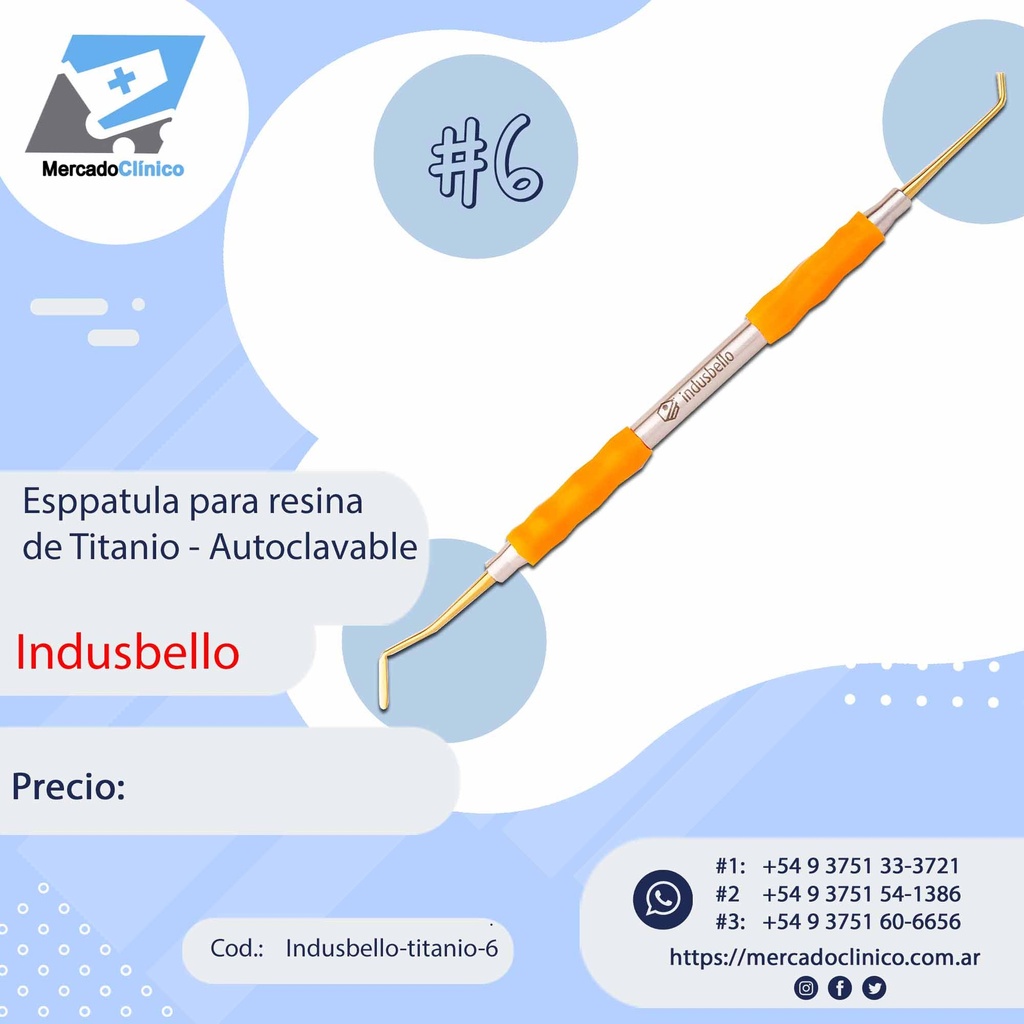 Espátula Composite Titanio #6 - Mango Anatómico siliconado - Indusbello