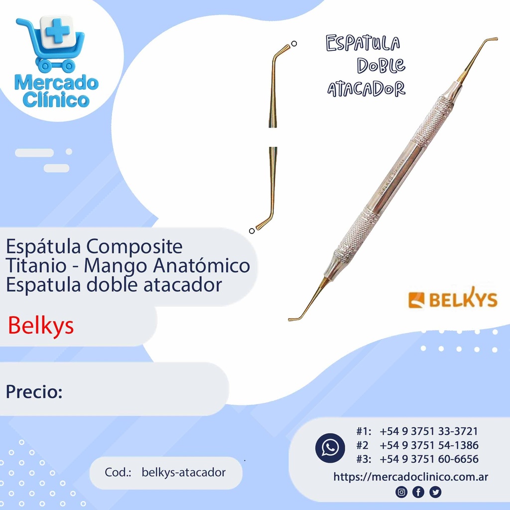 Espátula Composite Titanio - Mango Anatómico - Doble atacador / condensador - Belkys