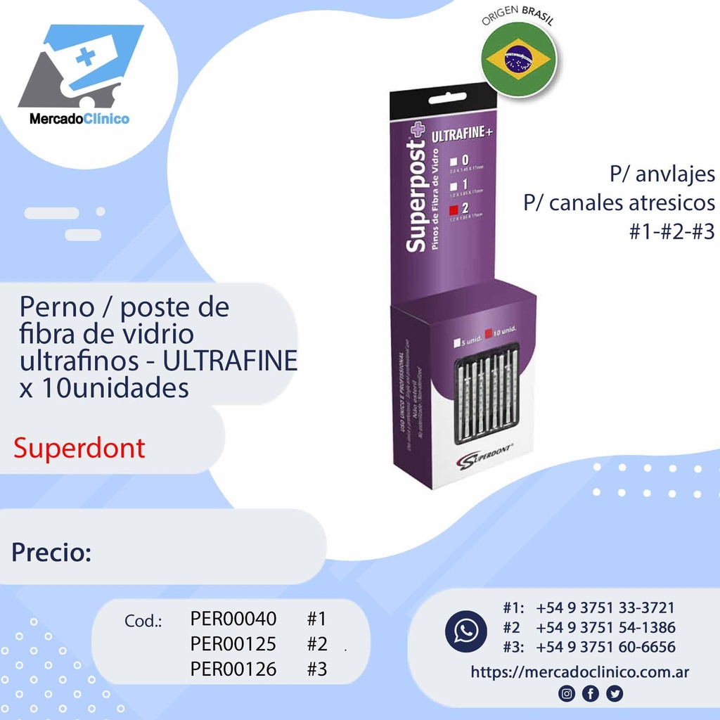 Perno / poste de fibra de vidrio
ultrafinos - ULTRAFINE x 10unidades - Superdont
  