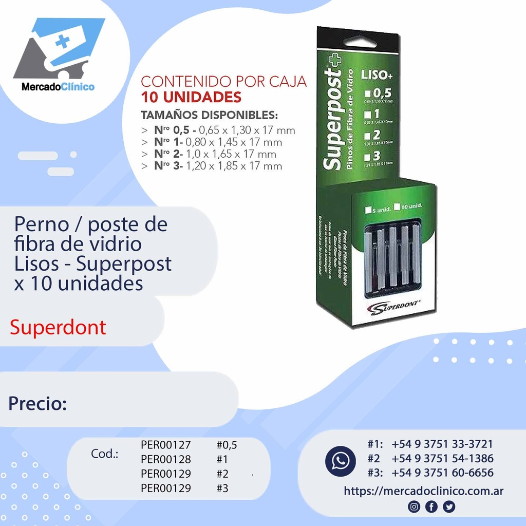 Perno / poste de fibra de vidrio
ultrafinos - Lisos x 10unidades - 
 Superdont