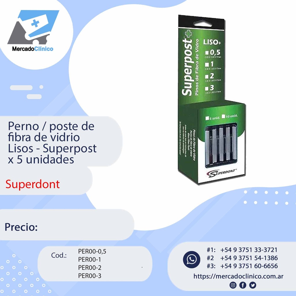 Perno / poste de fibra de vidrio
ultrafinos - Lisos x 5 unidades - 
 Superdont