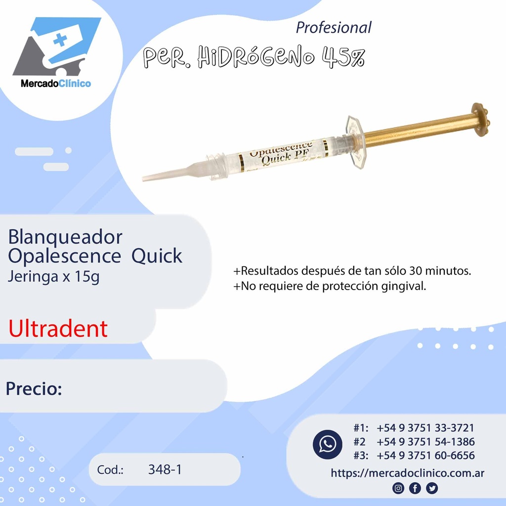 Blanqueador Opalescence  Quick - Jeringa x 15g - Carbamida 45% - Ultradent