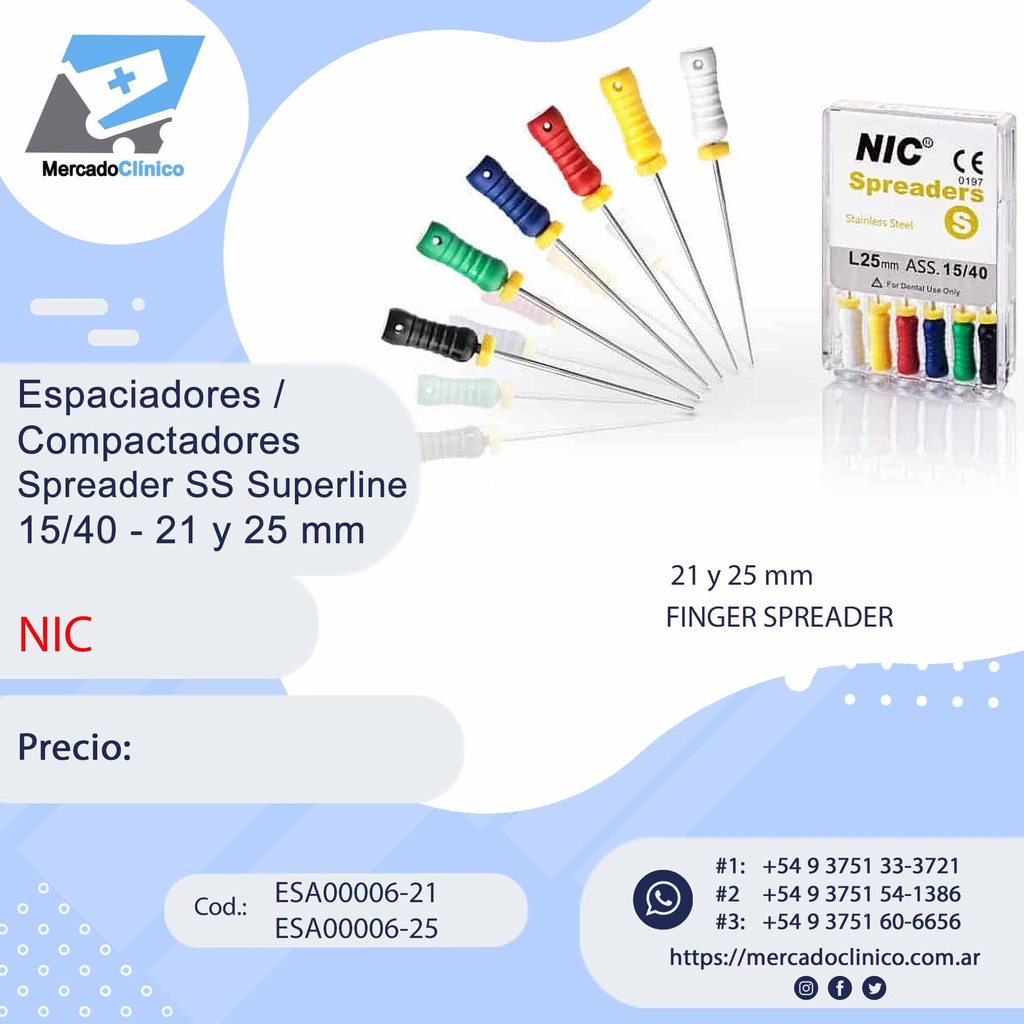 Espaciadores / Compactadores Spreader SS Superline 15/40 - 21 y 25 mm - NIC