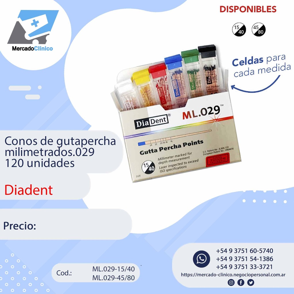 Conos de gutapercha milimetrados x 120 unidades - Diadent