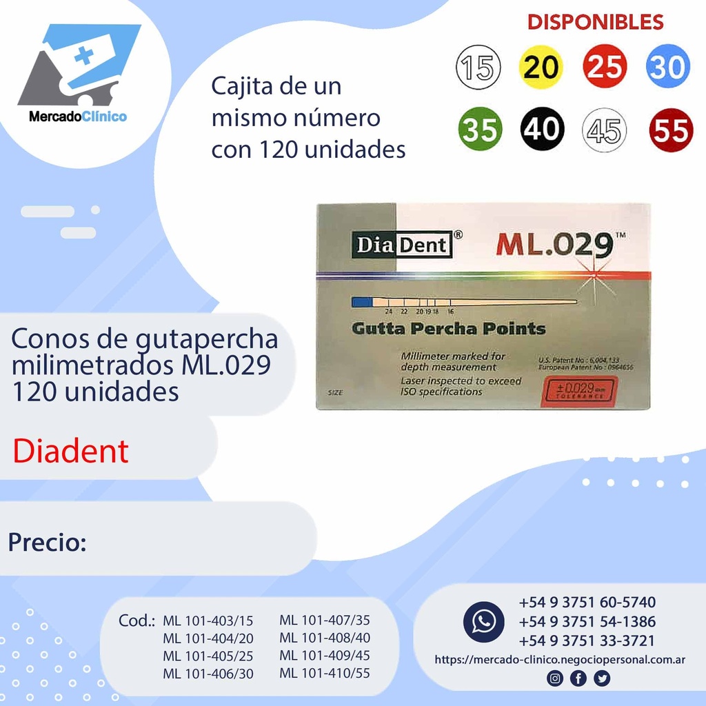 Conos de gutapercha milimetrados ML.029 - 120 unidades - Individuales - Diadent