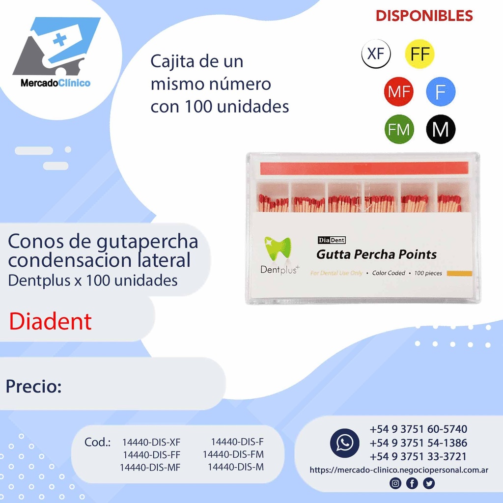 Conos Guta Condensación LATERAL, x 100 uNIDADES  - DIADENT