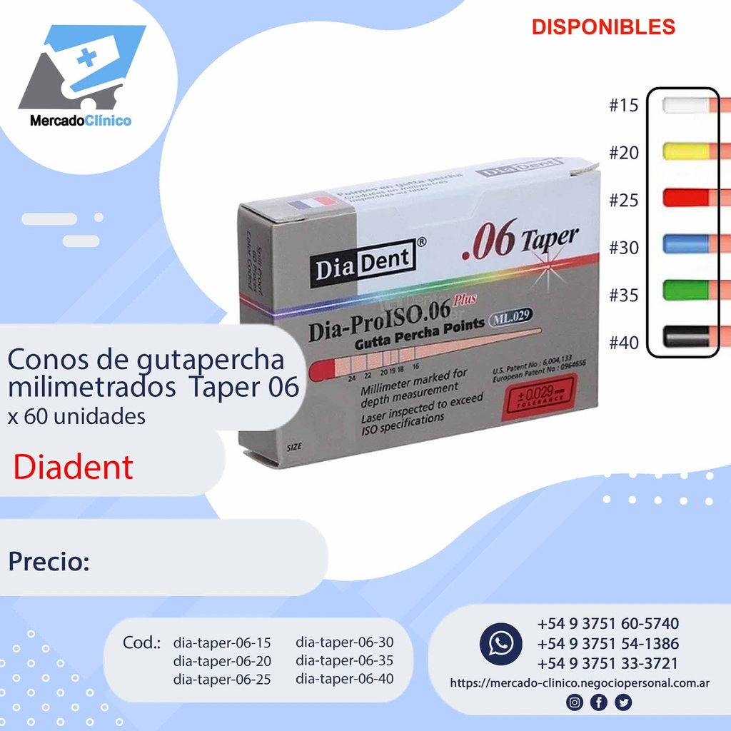 Conos de gutapercha milimetrados - Taper 06  - 60 Un.  - Diadent