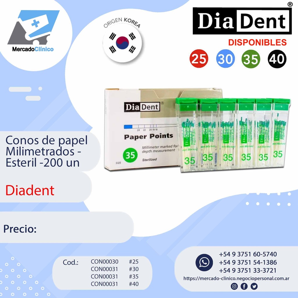 Conos de endodoncia de papel, milimetrados, absorbentes x 200 un - Diadent