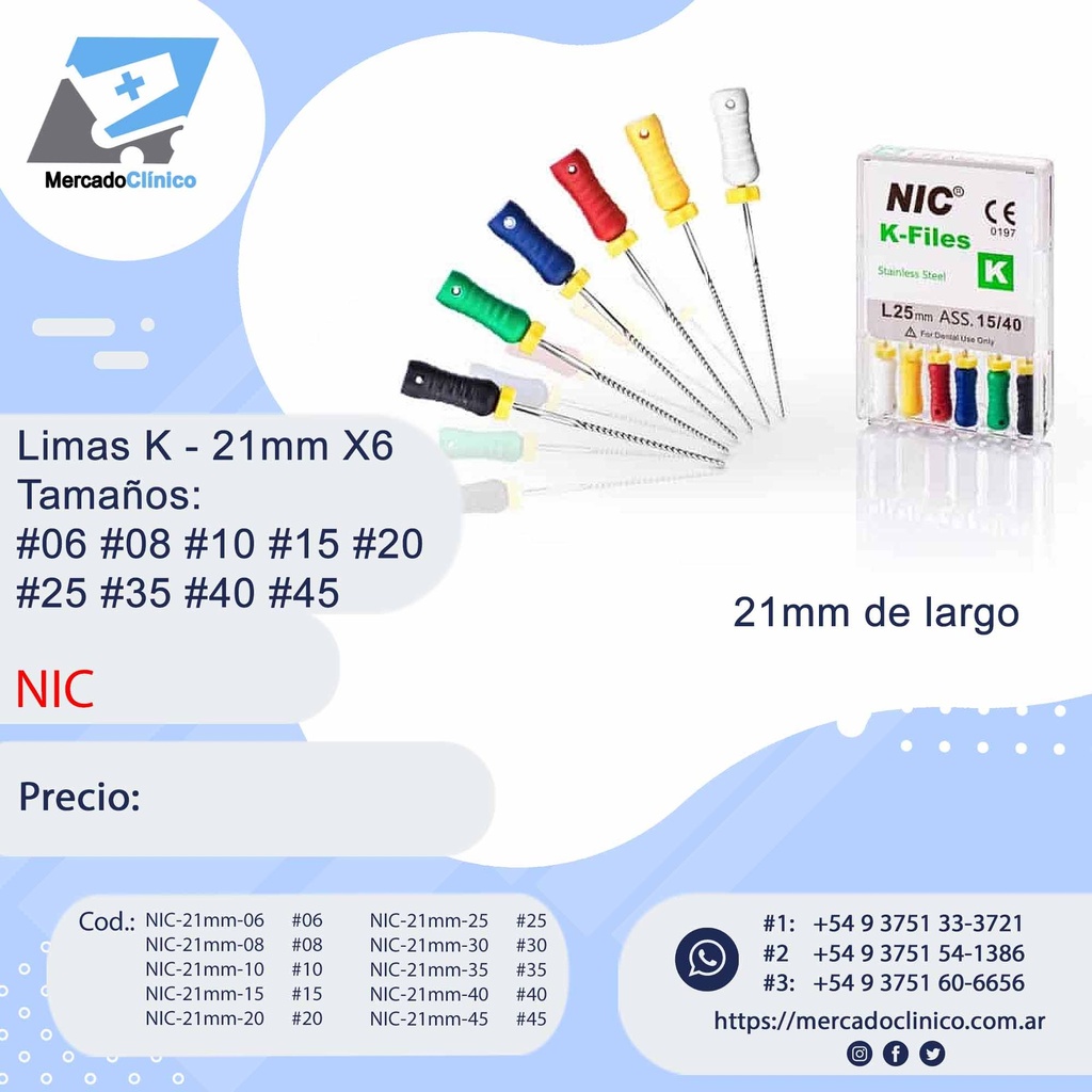 Limas K - 25 mm X6 - Tamaños: #15 #20 #25 #35 #40 #45- NIC