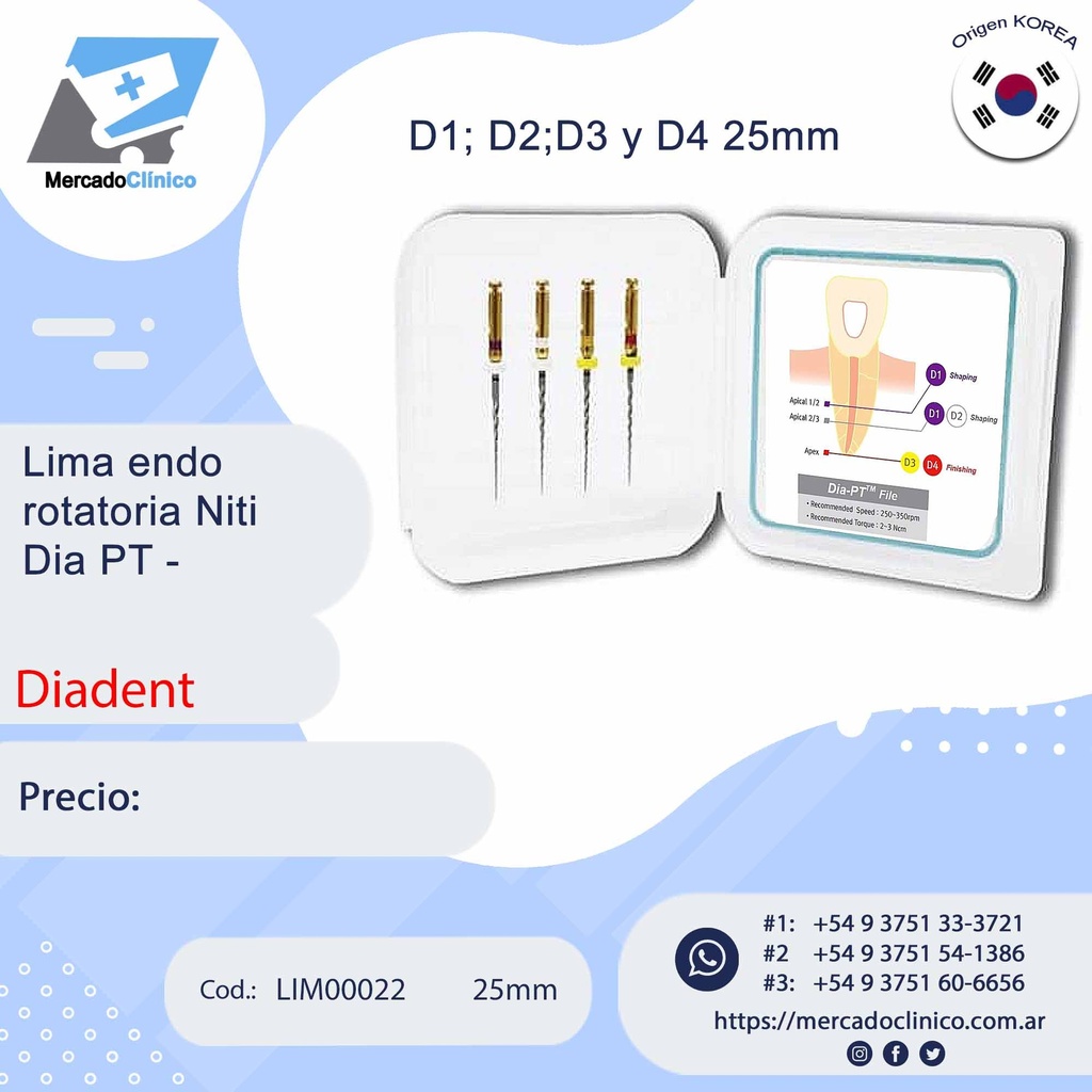 Lima endo  rotatoria Niti Dia PT - 25 mm - Diadent