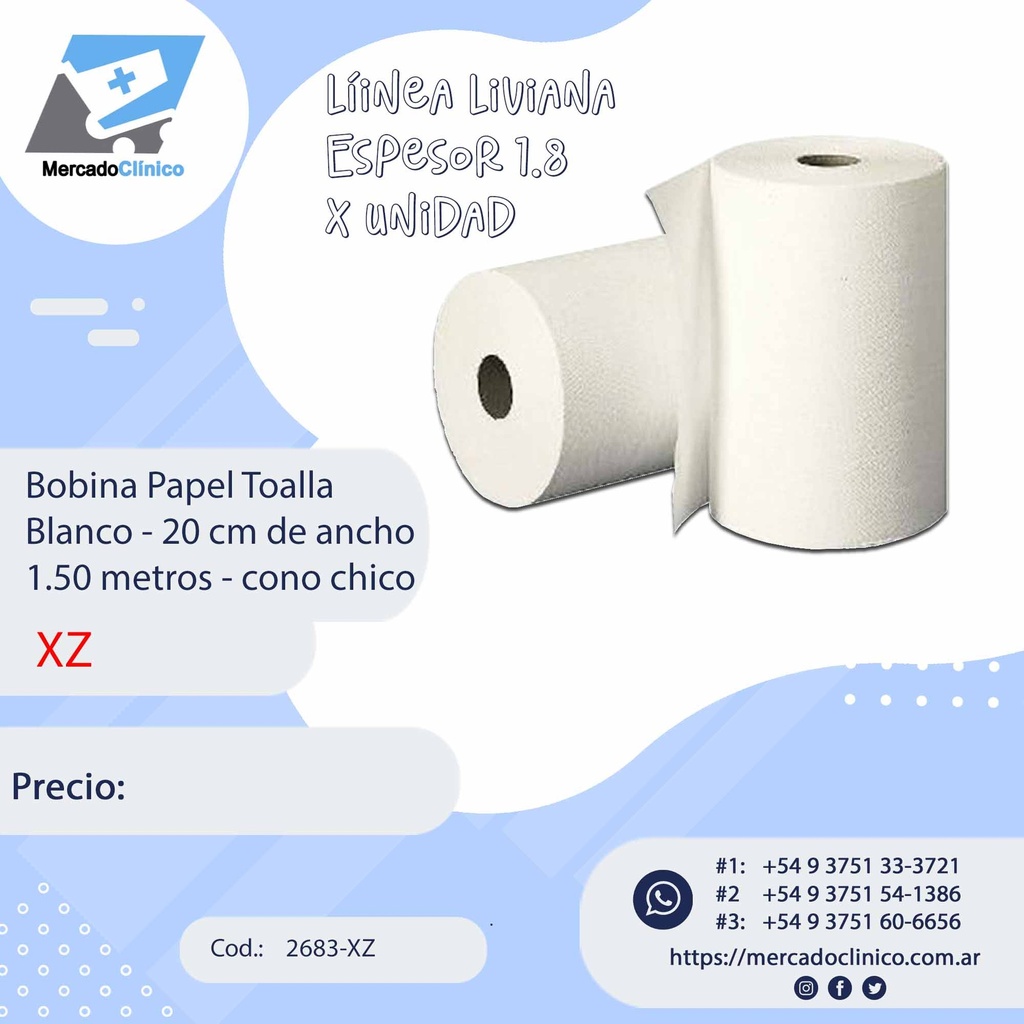 Bobina Papel Toalla Blanco - Servilleta - 20 cm de ancho 150 metros - 1,8 espesor - cono chico - XZ