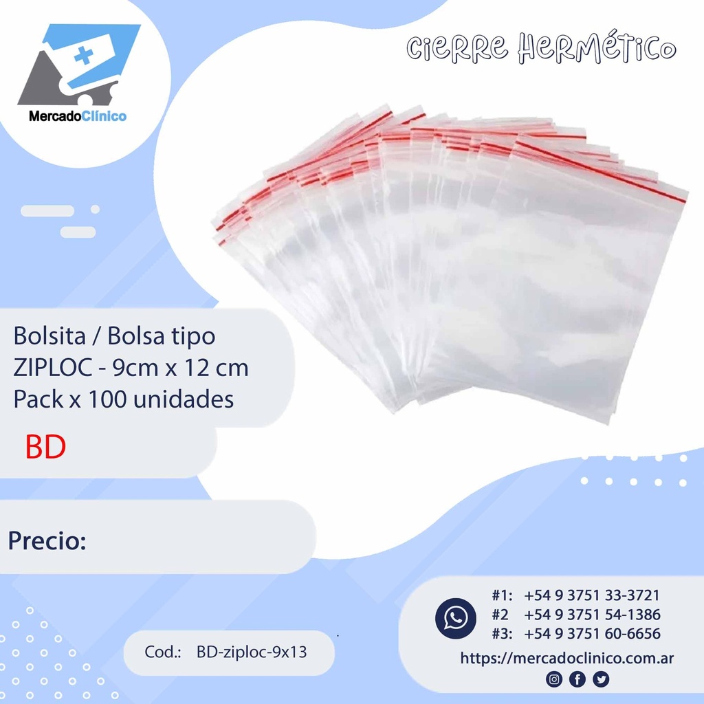 Bolsita / Bolsa tipo ZIPLOC - 9cm x 12 cm Pack x 100 unidades - BD