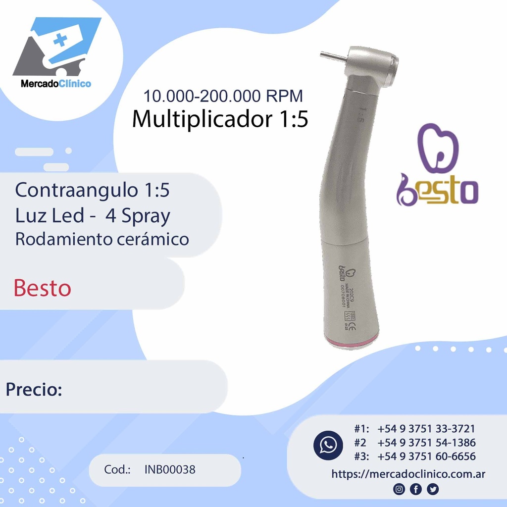Contraangulo multiplicador1:5 - Luz Led -  4 Spray - Rodamiento cerámico - Besto
