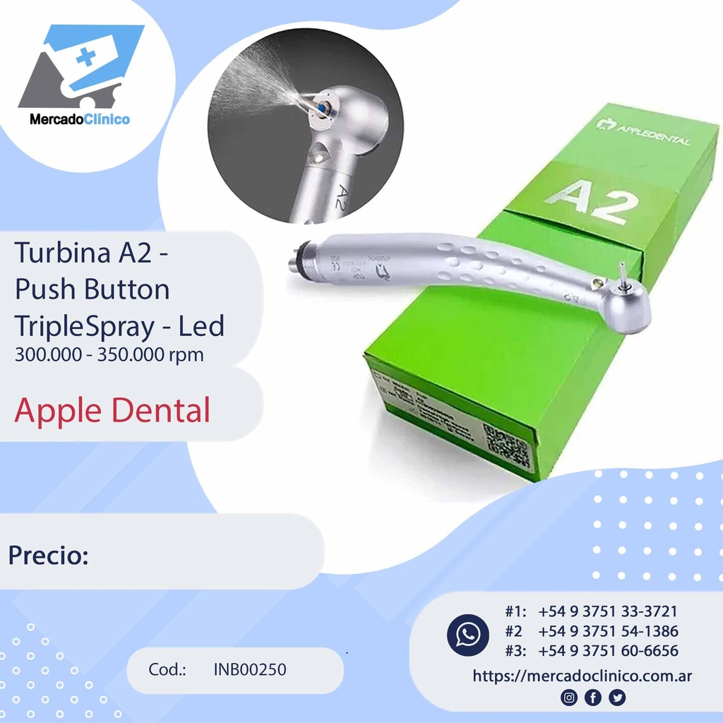 Turbina A2 -  Push Button TripleSpray - Led 300.000 - 350.000 rpm - Apple Dental