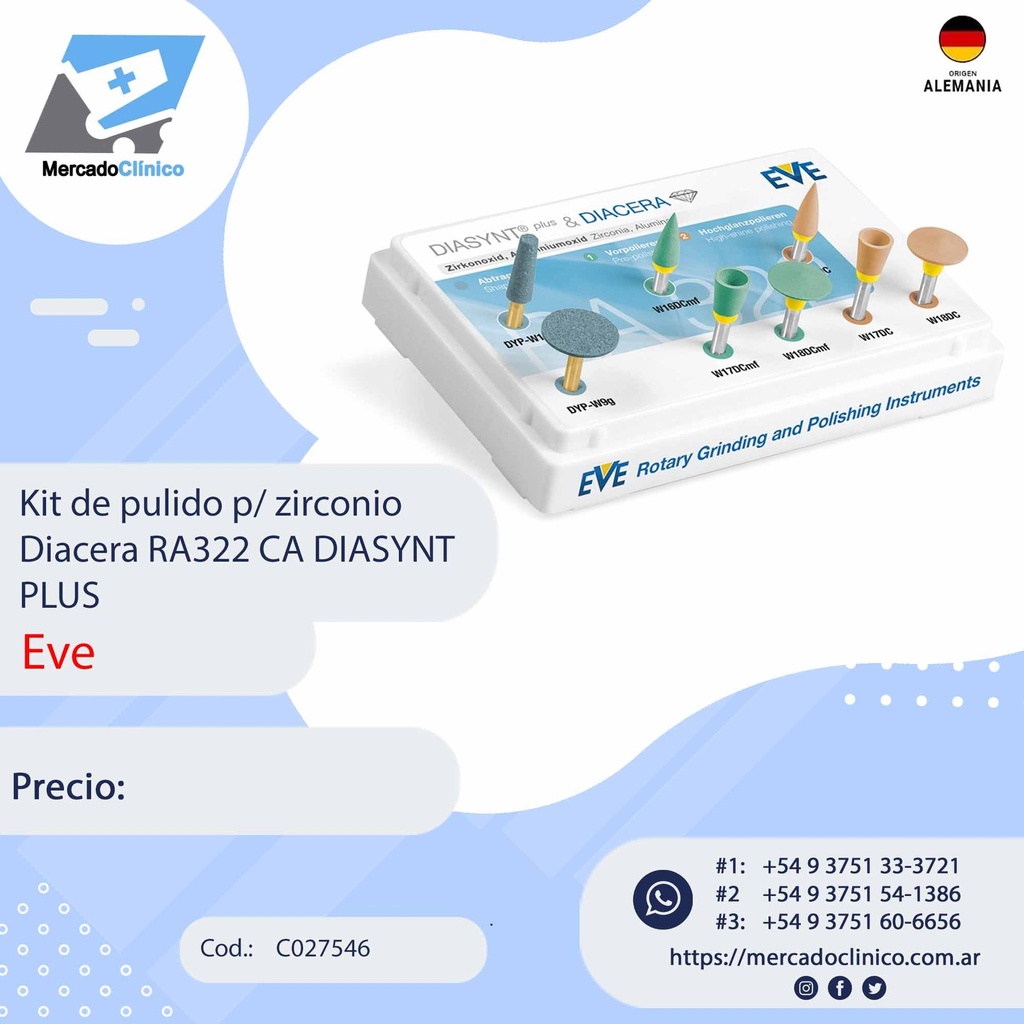 Kit de pulido p/ zirconio Diacera RA322 CA DIASYNT PLUS - EVE