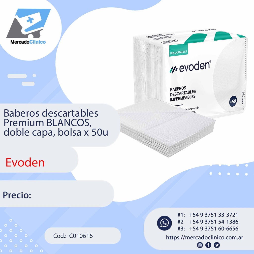 Baberos descartables  Premium BLANCOS,  doble capa, bolsa x 50u - Evoden