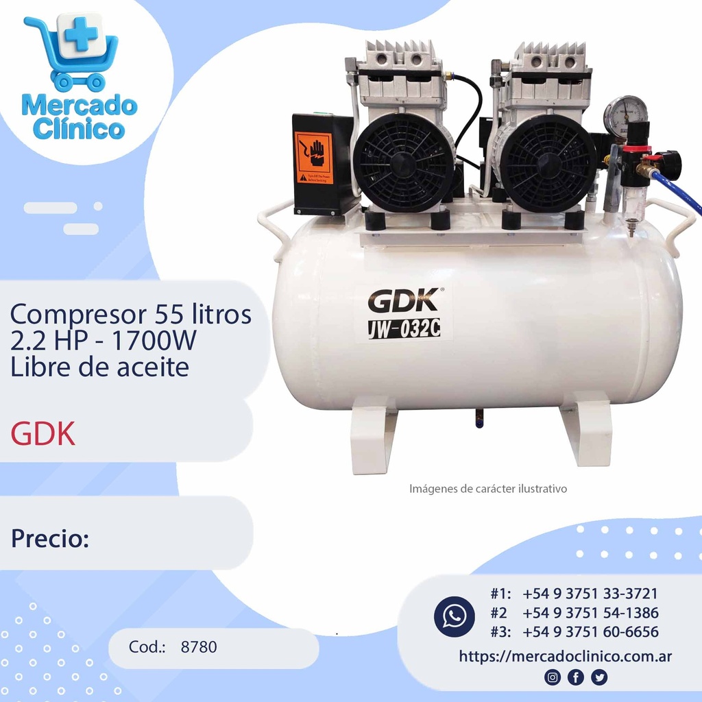 Compresor 55 litros 2.2 HP - 1700W  Libre de aceite - GDK