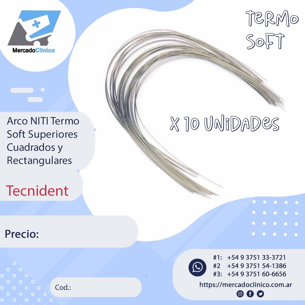 Arcos NITI Soft Termicos Metalicos  SUPERIORES - Cuadrado y Rectangulares - X 10 arcos - TECNIDENT