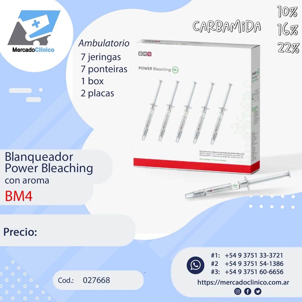 Blanqueador Power Bleaching - con aroma - Ambulatorio - 7 jeringas de Carbamida - 1 estuche - 2 placas para estampar - BM4