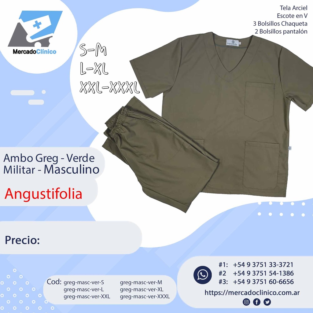 Ambo Greg - Pantalón y chaquetilla -Verde Militar - Masculino - Angustifolia