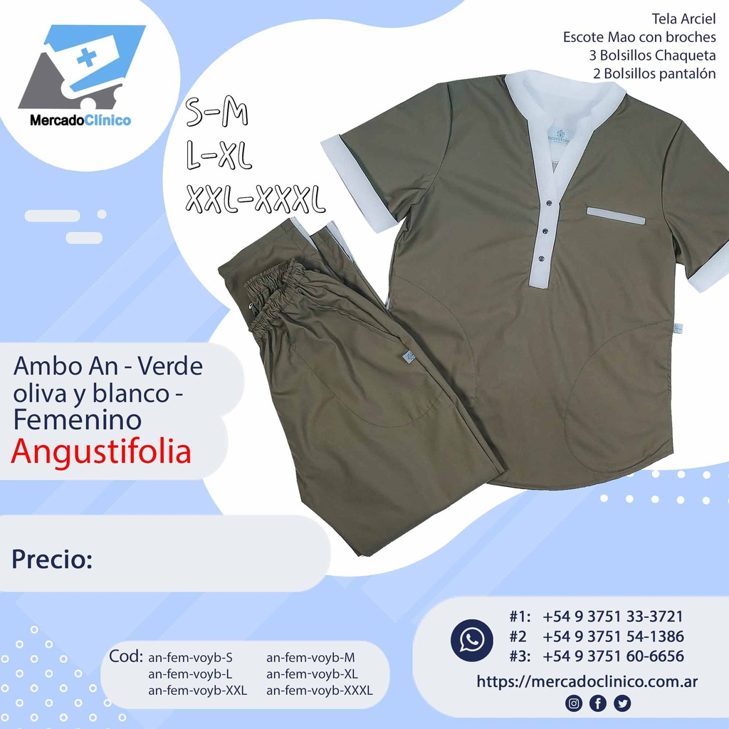 Ambo An - Pantalón y chaquetilla -Verde Oliva y Blanco - Femenino - Angustifolia