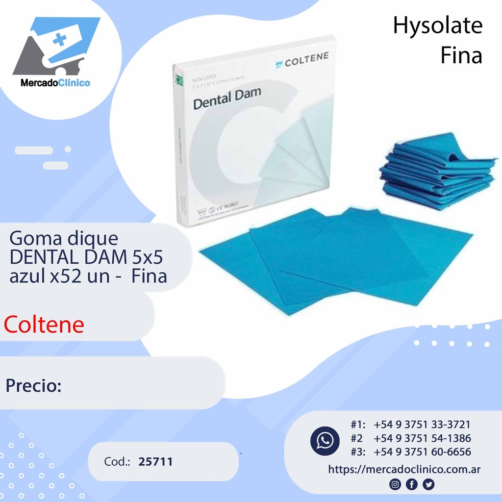 Goma dique  DENTAL DAM 5x5  azul x52 un -  Fina - Hysolate - Coltene