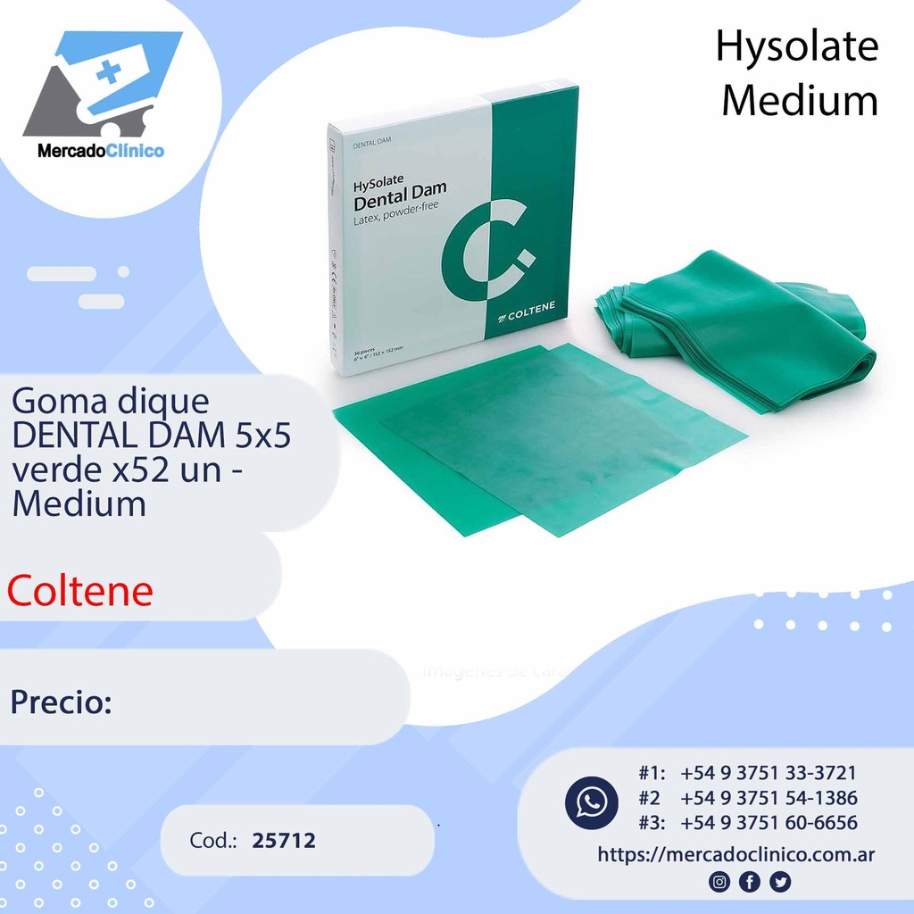 Goma dique  DENTAL DAM 5x5 verde x52 un -  medium - Hysolate - Coltene
