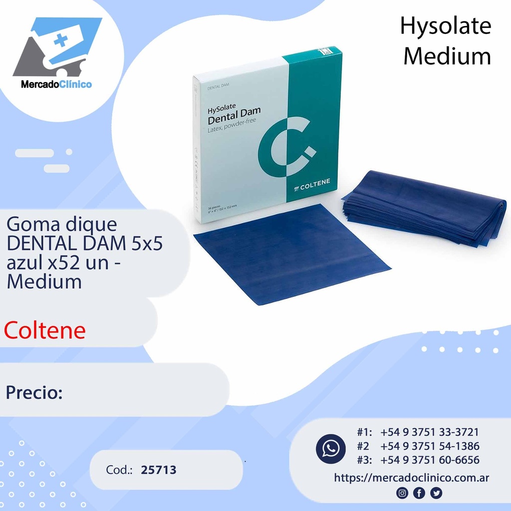 Goma dique  DENTAL DAM 5x5 azul x52 un -  médium - Hysolate - Coltene
