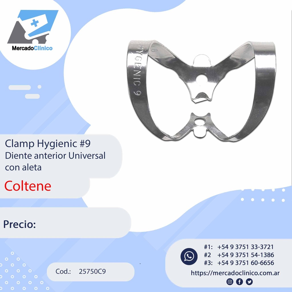 Clamp Hygienic #9 Diente anterior Universal - con aleta - Coltene